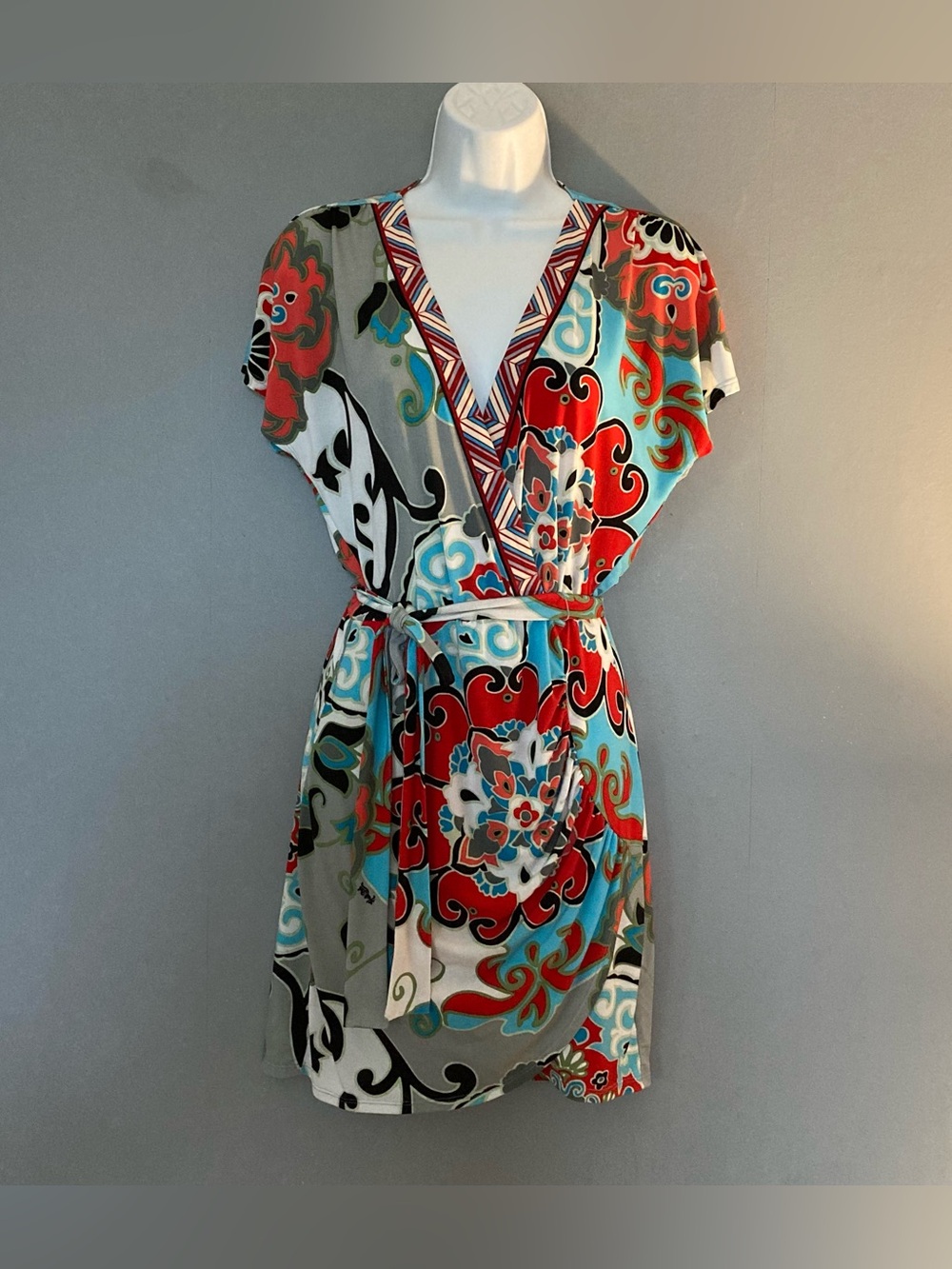 Hale Bob Multicolor Floral Wrap Dress - Red, Teal, Black, White